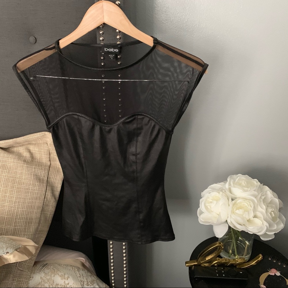 NWOT Bebe Mesh Sleeveless Faux Leather Top Size S